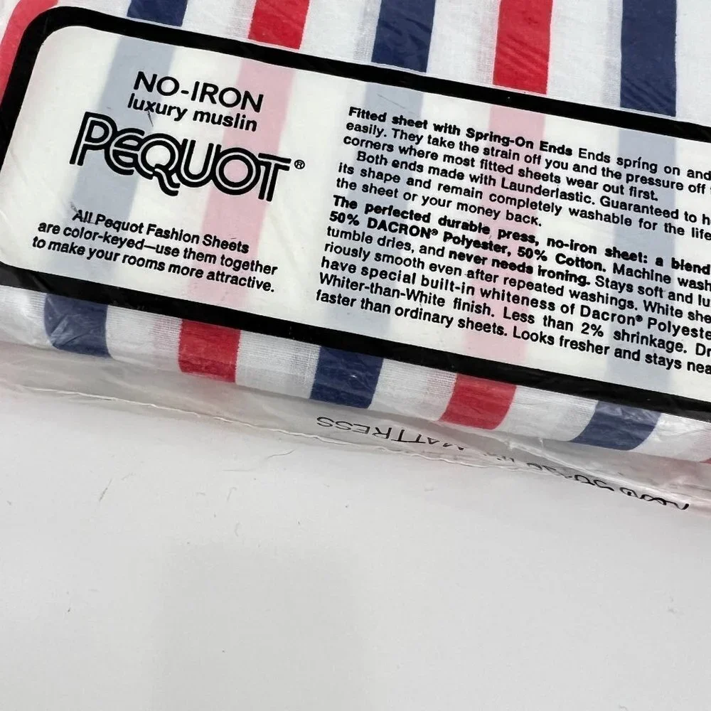 Vtg  Spring Mills Pequot Red White  Blue Striped Twin Fitted Sheet Luxury Muslin